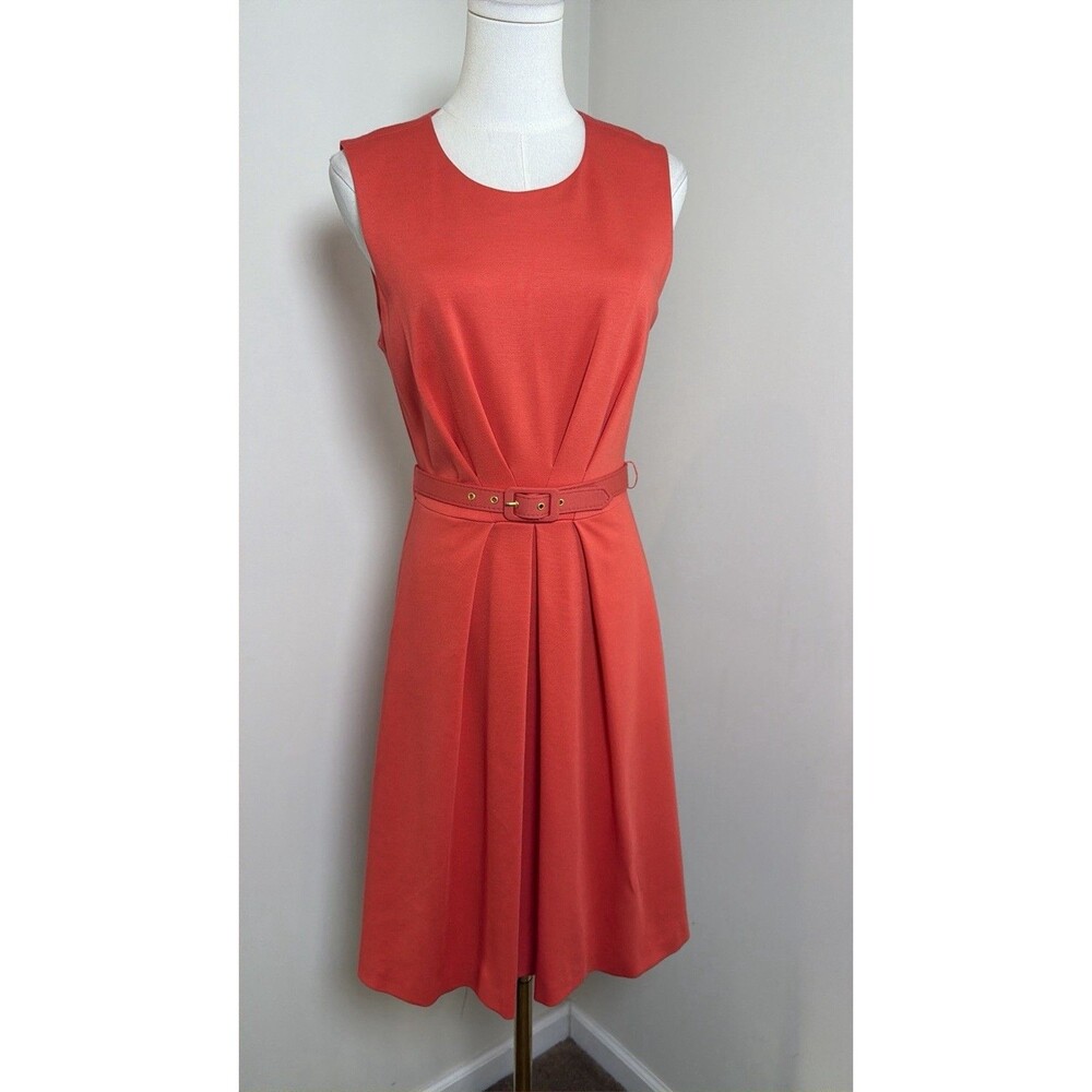Trina Turk Coral Ponte Knit Belted Pleated Fit & Flare Dress Size 6 Career